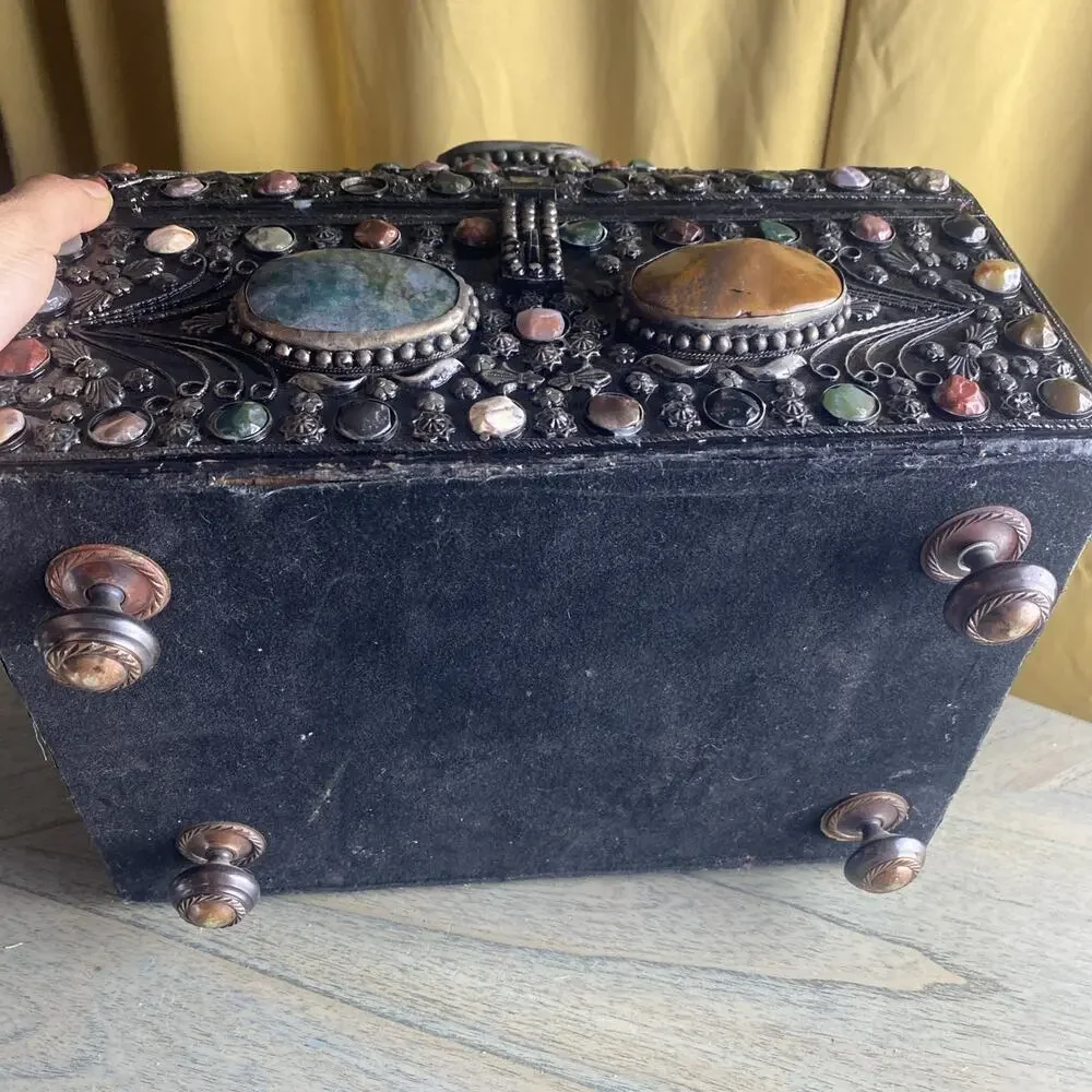 Vintage Moroccan Indian Wedding Jewelry Chest Box Dome Top Mixed Stones